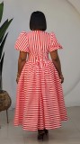 Stripe Puff Sleeve U Neck Ruched Maxi Dress GXIN-8996