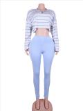 Stripe V Neck Long Sleeve Top Pants Suit GTGE-MH1053
