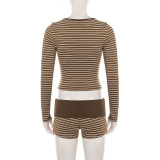 Long Sleeve Stripe Tops Two Piece Shorts Set GPKJ-MR51810