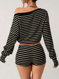 Stripe One Shoulder Long Sleeve Pants 2 Piece Set HNIF-SY017