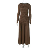 Long Sleeve Solid Color Ruched Maxi Dress BLG-D5619385A