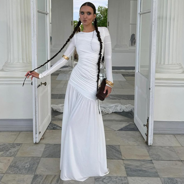 Long Sleeve Solid Color Ruched Maxi Dress BLG-D5619385A