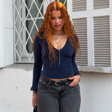 Long Sleeve Deep V Neck Knits Top BLG-T5A20280A