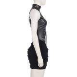 Sleeveless Leather Patchwork Mesh Mini Dress GPKJ-MR51739