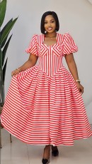 Stripe Puff Sleeve U Neck Ruched Maxi Dress GXIN-8996