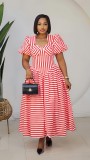 Stripe Puff Sleeve U Neck Ruched Maxi Dress GXIN-8996