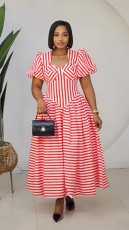 Stripe Puff Sleeve U Neck Ruched Maxi Dress GXIN-8996
