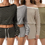 Stripe One Shoulder Long Sleeve Pants 2 Piece Set HNIF-SY017
