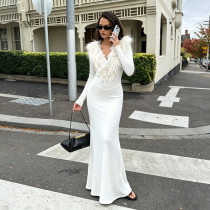 Solid Color Long Sleeve Fur Neck Maxi Dress GSZM-C26DS379