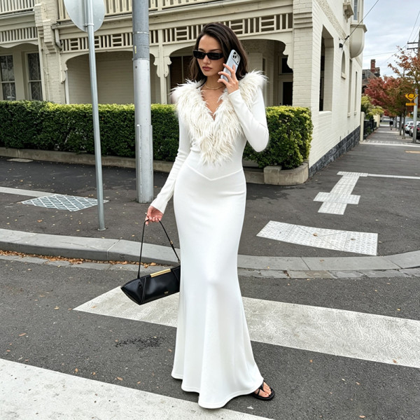 Solid Color Long Sleeve Fur Neck Maxi Dress GSZM-C26DS379
