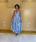 Plus Size Sleeveless Halterneck Printed Ruched Maxi Dress GXIN-8995