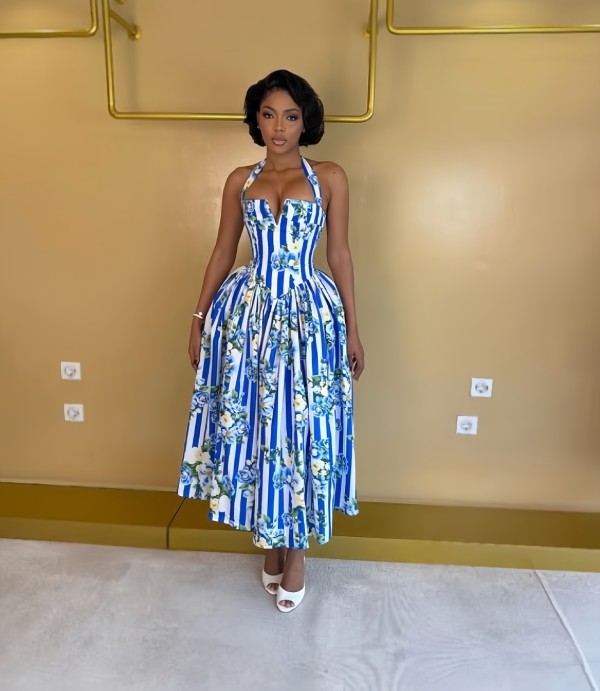 Plus Size Sleeveless Halterneck Printed Ruched Maxi Dress GXIN-8995