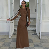 Long Sleeve Solid Color Ruched Maxi Dress BLG-D5619385A