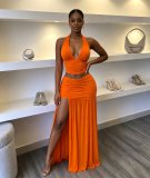 Solid Color Sleeveless Halterneck Backless Skirt Suit GXIN-8979