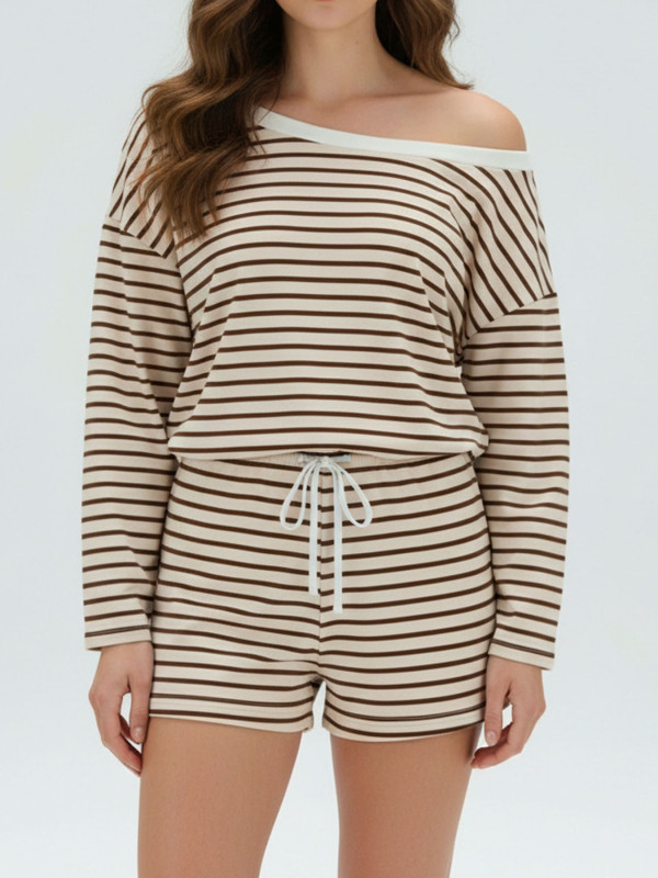 Stripe One Shoulder Long Sleeve Pants 2 Piece Set HNIF-SY017