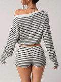 Stripe One Shoulder Long Sleeve Pants 2 Piece Set HNIF-SY017