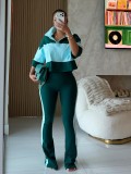 Contrast Color Lapel Top Flare Pants 2 Piece Set GTYZ-7628