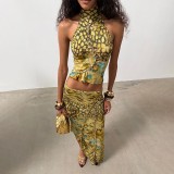 Printed Sleeveless Backless Top Two Piece Skirt Set DLSF-K6S16932A