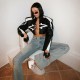 Printed Long Sleeve Zipper Leather Coat DLSF-K6C17770A