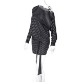 Slash Shoulder Stripe Long Sleeve Mini Dress LJSF-D6822425X