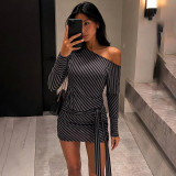 Slash Shoulder Stripe Long Sleeve Mini Dress LJSF-D6822425X
