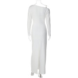 Long Sleeve Solid Color Split Maxi Dress LJSF-D6922436H