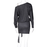 Slash Shoulder Stripe Long Sleeve Mini Dress LJSF-D6822425X
