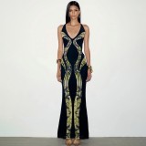 Deep V Neck Hollow Out Printed Maxi Dress DLSF-K6D16931A