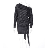 Slash Shoulder Stripe Long Sleeve Mini Dress LJSF-D6822425X