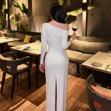Long Sleeve Solid Color Split Maxi Dress LJSF-D6922436H