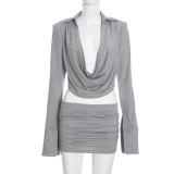 Solid Color Long Sleeve Top Two Piece Skirts Set GSZM-D26ST382