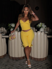 Solid Color Halterneck V Neck Two Piece Pants Set GFCF-1593