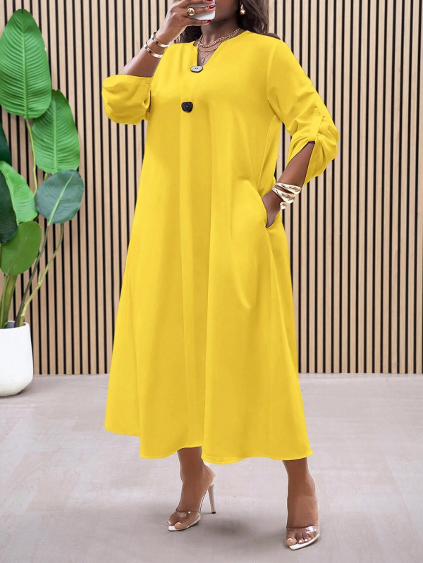 Plus Size Long Sleeve Loose V Neck Maxi Dress GAWE-6801