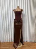 Solid Color Sleeveless Satin Split Maxi Dress GADE-102272