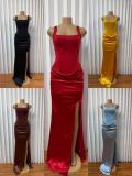 Solid Color Sleeveless Satin Split Maxi Dress GADE-102272