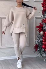 Plus Size Solid Color Irregular Sweatshirt Two Piece Pants Set GWHT-T316