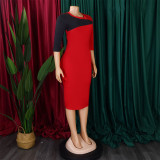 Plus Size Contrast Color 3/4 Sleeve Midi Dress GCZF-8677