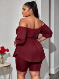 Plus Size Solid Color One Shoulder 2 Piece Short Set QMZF-1841