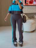 Contrast Color Lapel Top Flare Pants 2 Piece Set GTYZ-7628