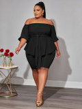 Plus Size Solid Color One Shoulder 2 Piece Short Set QMZF-1841