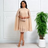 Plus Size Shawl Sleeve Pleated Chiffon Midi Dress GATE-651