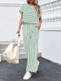 Stripe Short Sleeve T Shirt Two Piece Pants Set GWHT-A683