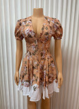 Floral  Printed V-neck Bubble Sleeves Mini Dress GADE-8998