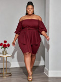 Plus Size Solid Color One Shoulder 2 Piece Short Set QMZF-1841