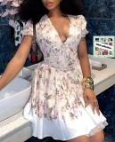 Floral  Printed V-neck Bubble Sleeves Mini Dress GADE-8998