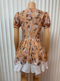 Floral  Printed V-neck Bubble Sleeves Mini Dress GADE-8998