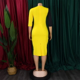Plus Size Contrast Color 3/4 Sleeve Midi Dress GCZF-8677