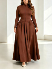 Plus Size Solid Color Long Sleeve Long Dress GAWE-6799