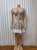 Floral  Printed V-neck Bubble Sleeves Mini Dress GADE-8998