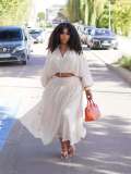 Long Sleeve V Neck Two Piece Skirts Set GFXI-fx948